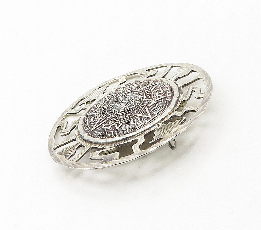 MEXICO 925 Sterling Silver  Vintage Mayan Aztec Sun Calendar Brooch Pin BP6588