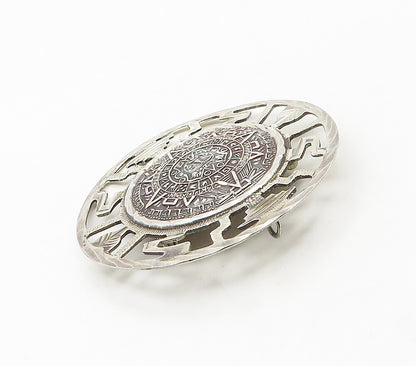 MEXICO 925 Sterling Silver  Vintage Mayan Aztec Sun Calendar Brooch Pin BP6588