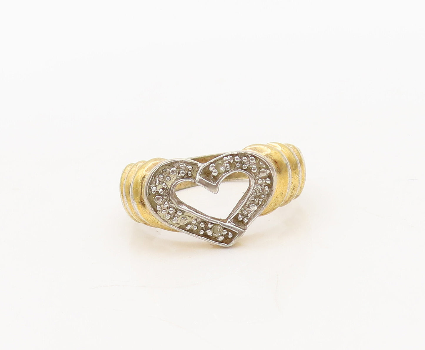 925 Sterling Silver Vintage Ring Gold Plate Carved CZ Love Heart Sz 6  RG27654