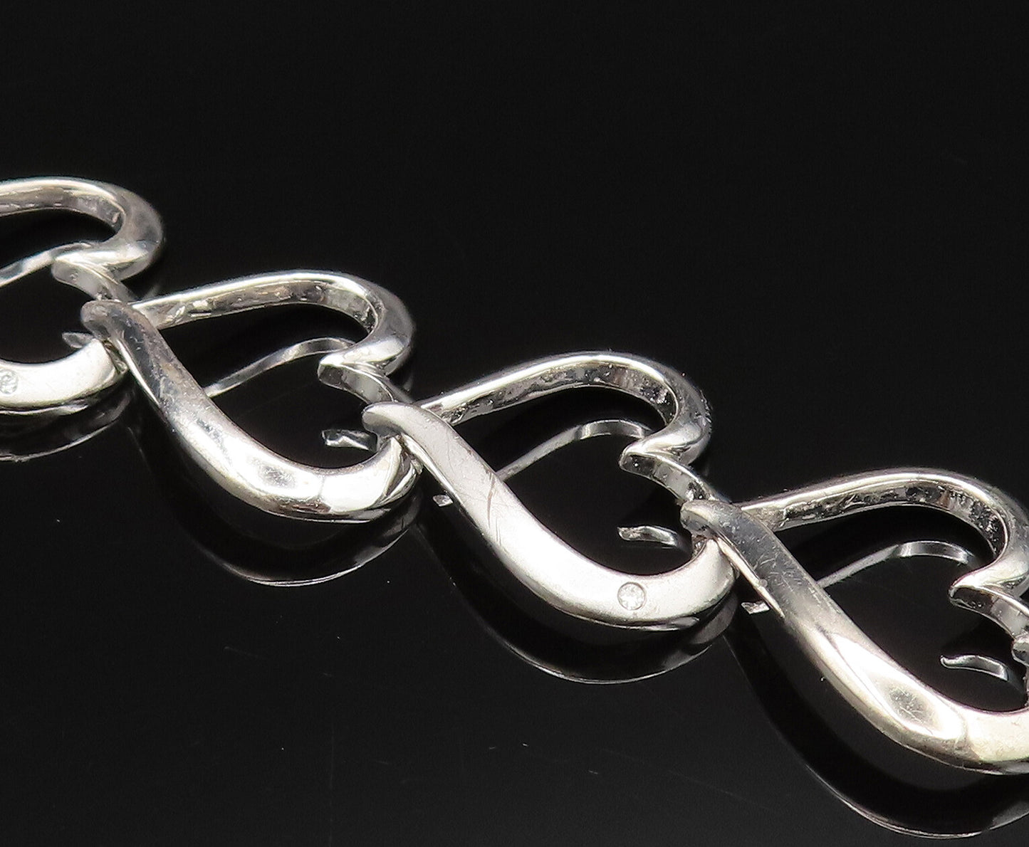 925 Silver  Vintage Genuine Diamonds Accent Open Love Heart Bracelet  BT9662