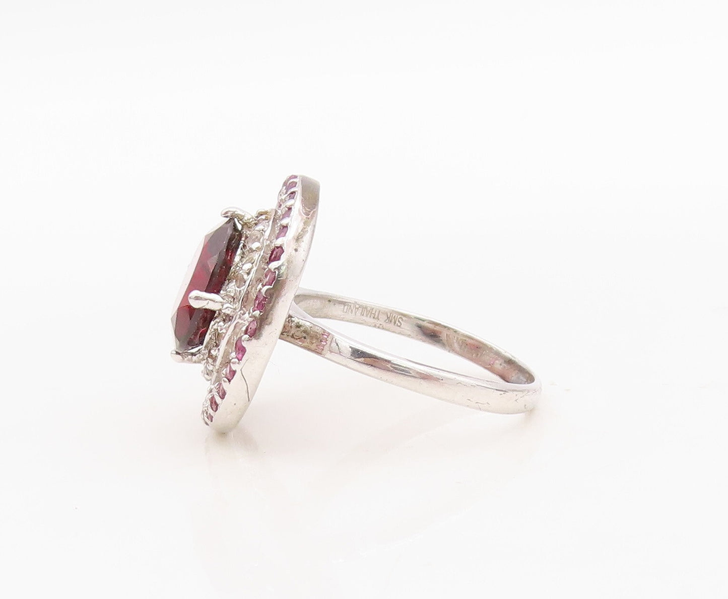 925 Sterling Silver Vintage Ring Round Red Halo Pink & White CZ  Sz 7.5  RG30440