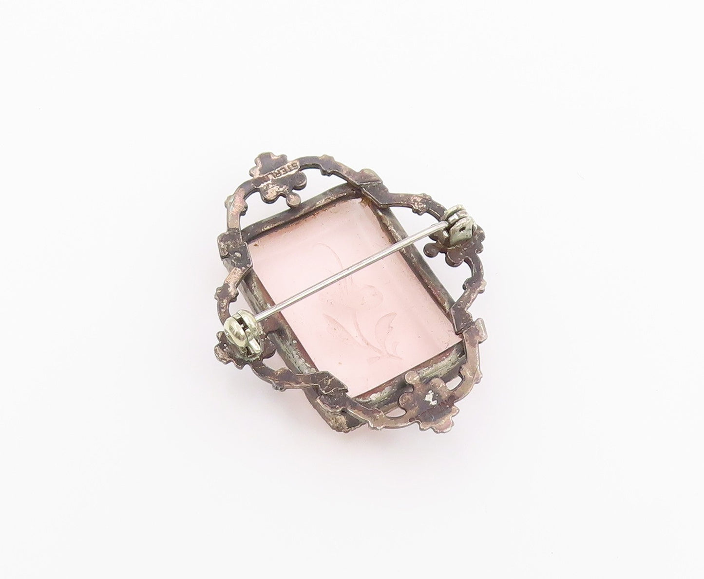 925 Sterling Silver Vintage Brooch Pin Rose Quartz Carved Floral Frame  BP12632