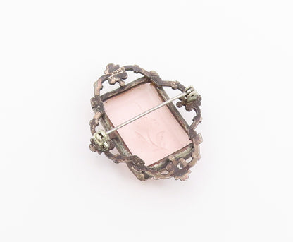 925 Sterling Silver Vintage Brooch Pin Rose Quartz Carved Floral Frame  BP12632