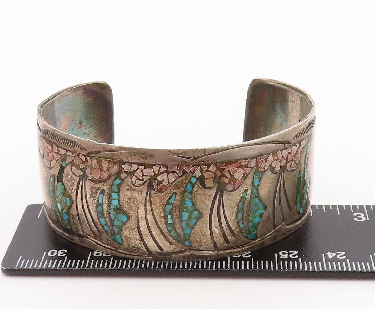 925 Sterling Silver Vintage Bracelet NAVAJO ZUNI Crushed Turquoise Cuff  BT11087