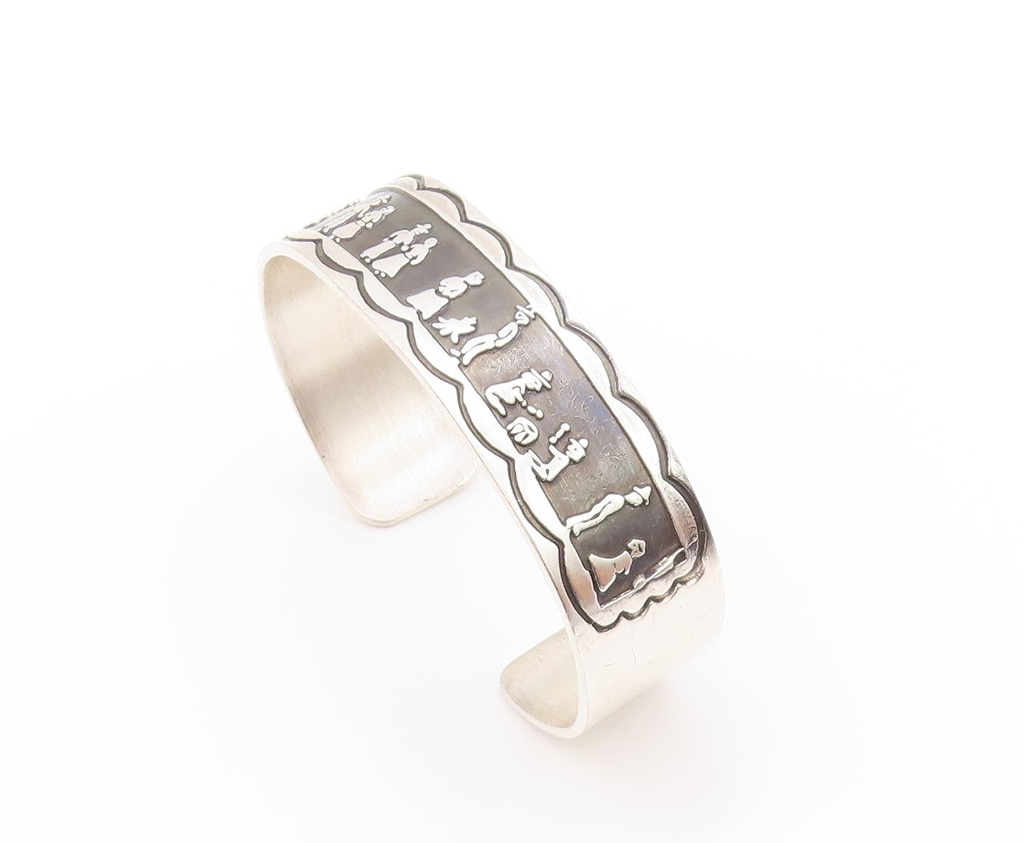 925 Sterling Silver Vintage Bracelet Country Life People Carved Cuff BT11223