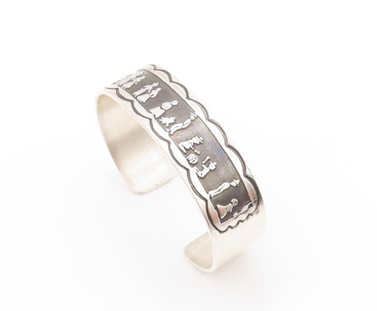 925 Sterling Silver Vintage Bracelet Country Life People Carved Cuff BT11223