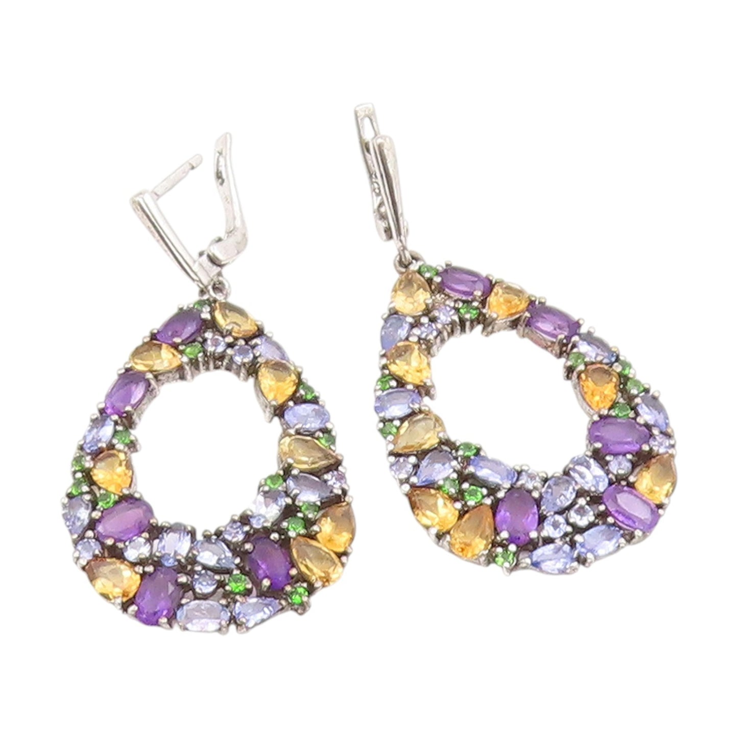 925 Sterling Silver Vintage Earrings Multi Gemstone Teardrop Cluster  EG13854