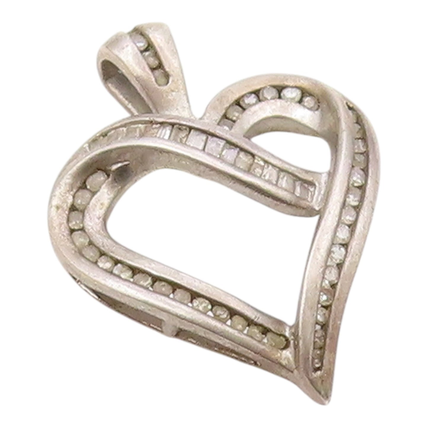 925 Sterling Silver  Vintage Genuine Diamonds Open Love Heart Pendant  PT21503