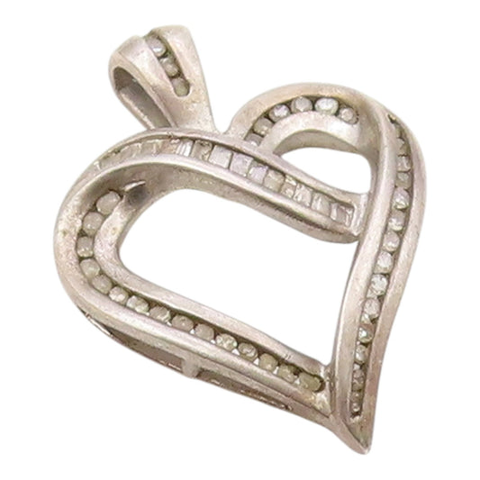 925 Sterling Silver  Vintage Genuine Diamonds Open Love Heart Pendant  PT21503