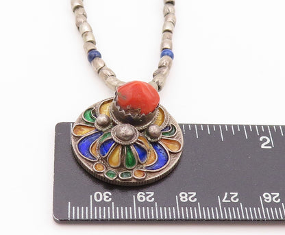 925 Sterling Silver Vintage Necklace French Coin Carnelian Enameled  NE4563
