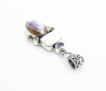 925 Sterling Silver  Vintage Cowrie & Spotted Shell & Amethyst Pendant  PT3102