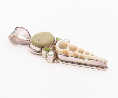 925 Sterling Silver  Vintage Pearls Peridot Jasper & Shell Pendant  PT19697