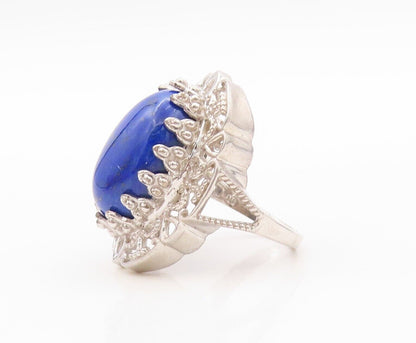 925 Sterling Silver Vintage Ring Oval Lapis Lazuli Floral Carved  Sz 7  RG30177