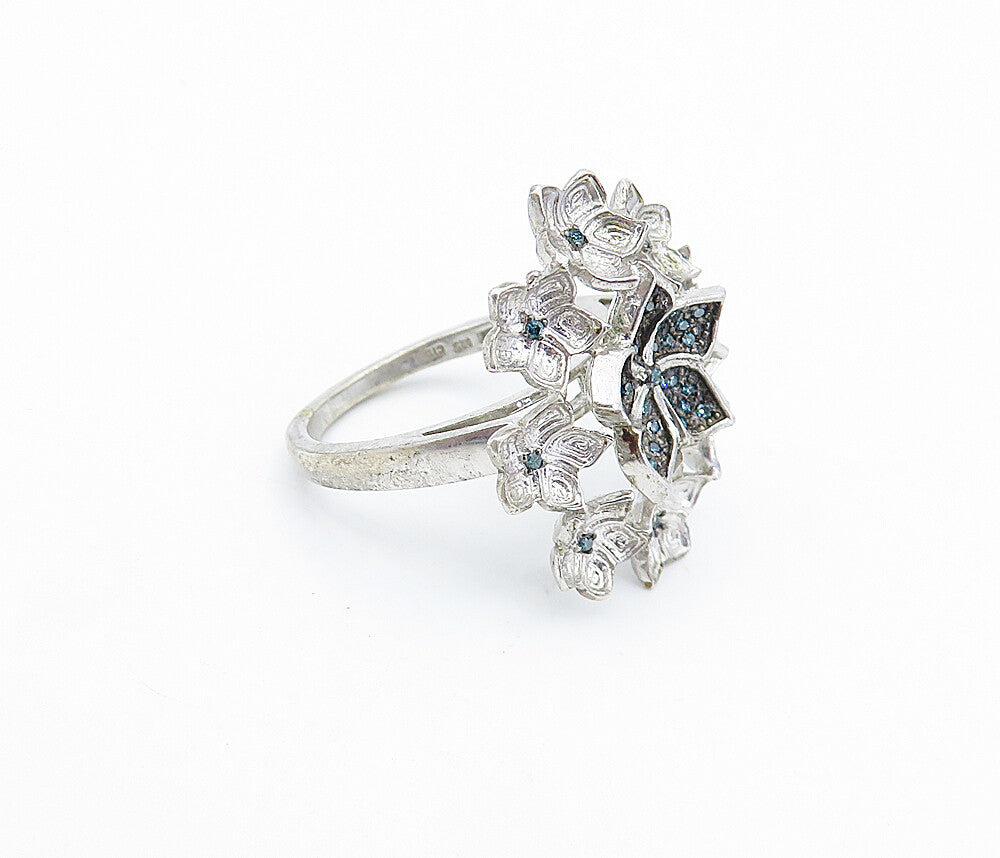 925 Sterling Silver  Vintage Genuine Blue Diamonds Cocktail Ring Sz 9  RG4287