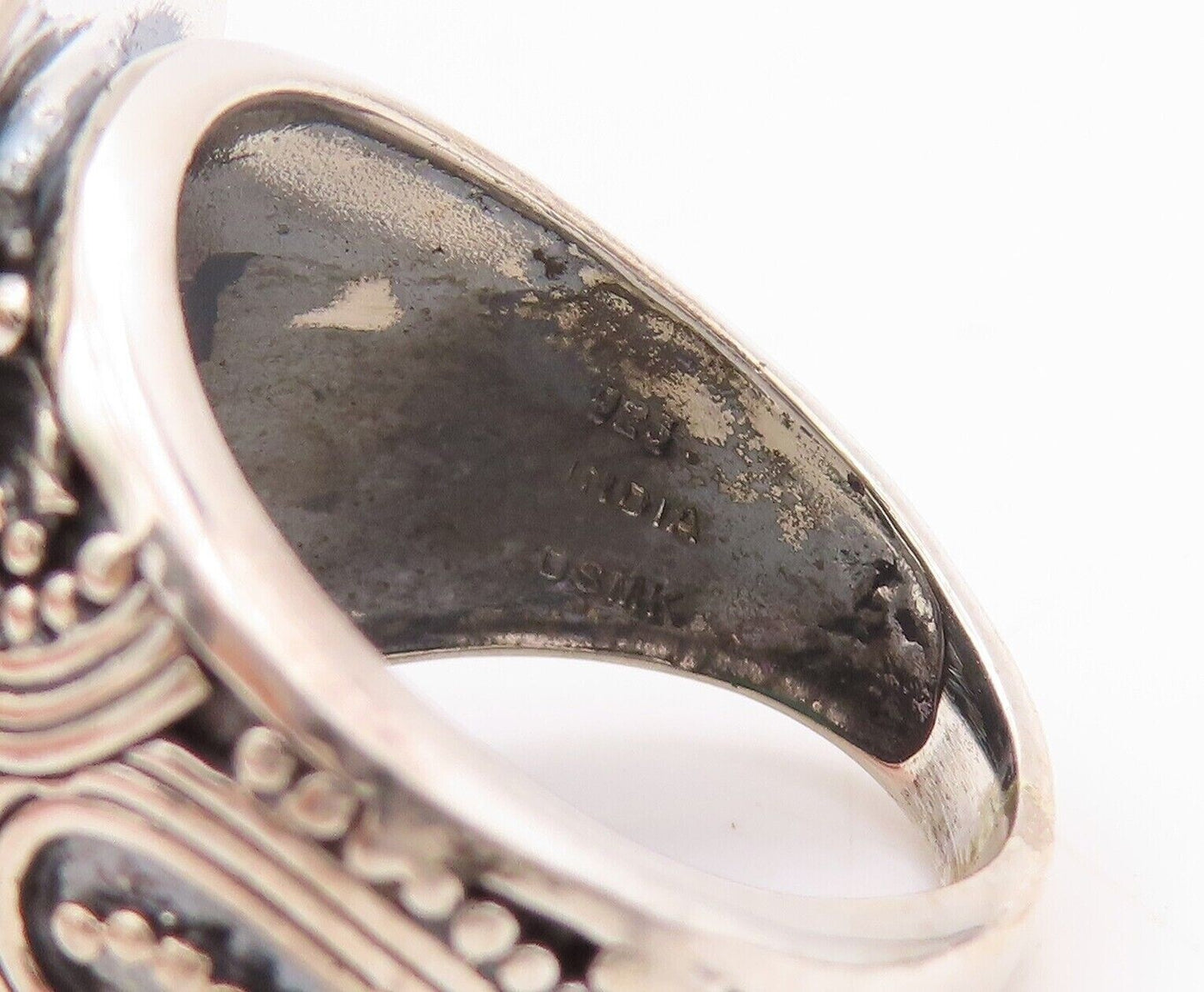 925 Sterling Silver Vintage Ring Oval Green Gemstone Halo Beaded  Sz 5.5 RG30219
