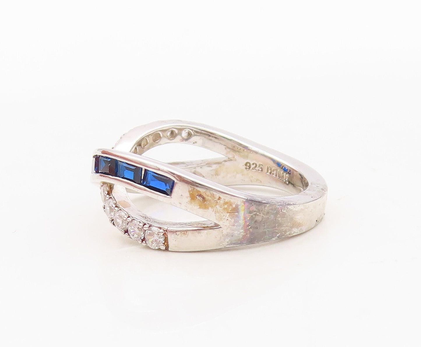 925 Sterling Silver Vintage Ring Rectangle Sapphire & CZ X Band  Sz 7  RG30417