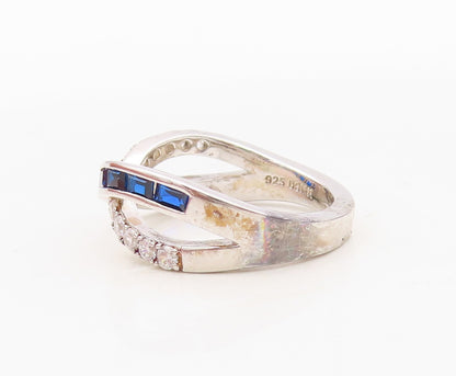 925 Sterling Silver Vintage Ring Rectangle Sapphire & CZ X Band  Sz 7  RG30417