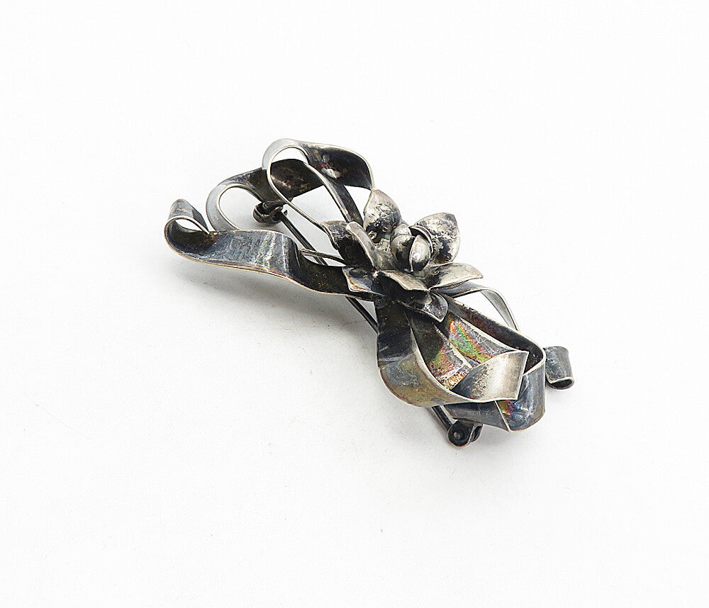 925 Sterling Silver  Vintage Oxidized Bow Tied Floral Ribbon Brooch Pin BP3082