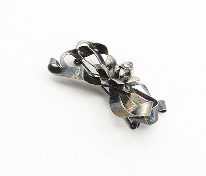 925 Sterling Silver  Vintage Oxidized Bow Tied Floral Ribbon Brooch Pin BP3082