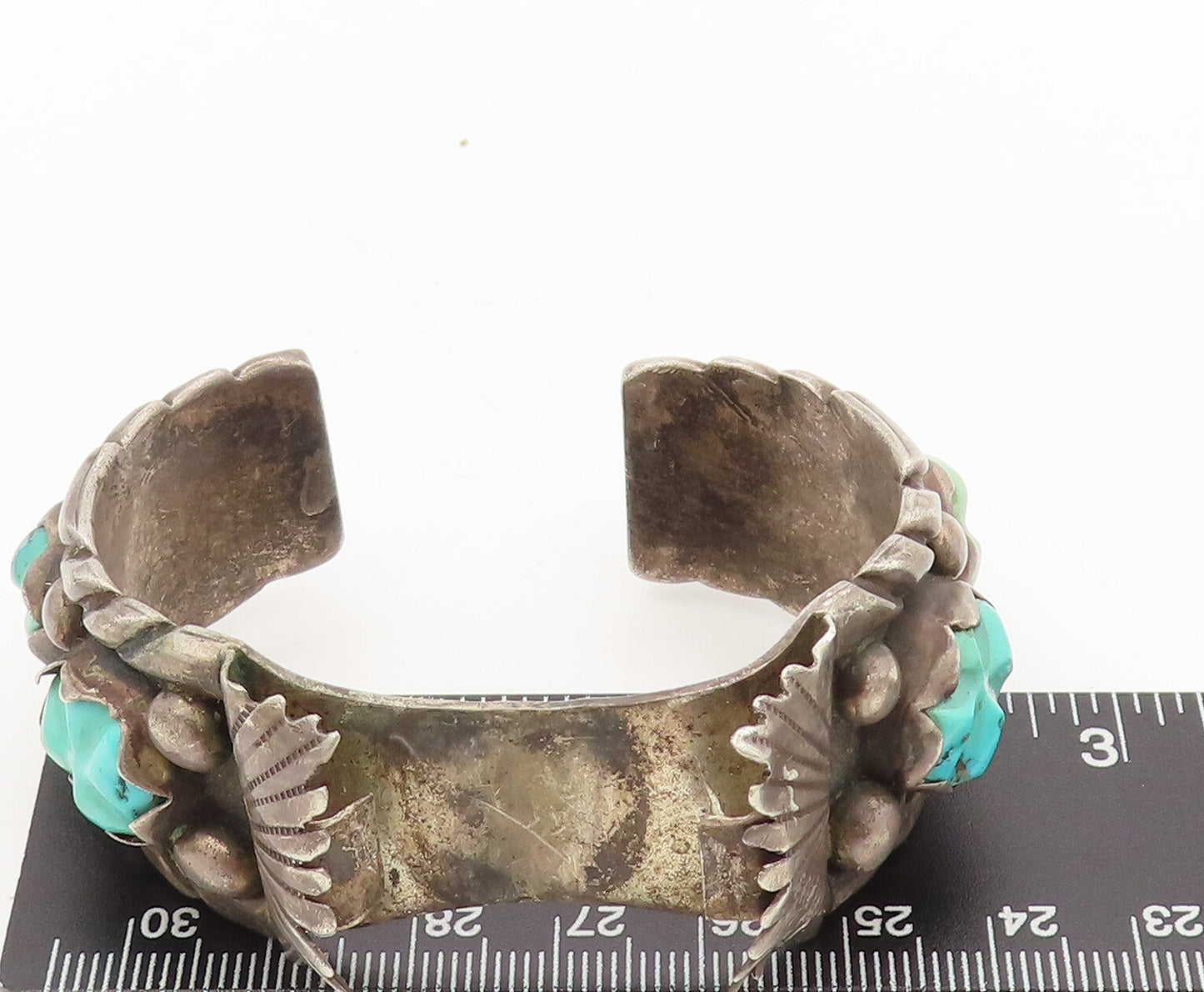 NAVAJO ZUNI 925  Silver  Vintage Antique Turquoise Carved Watch Cuff  TR3674