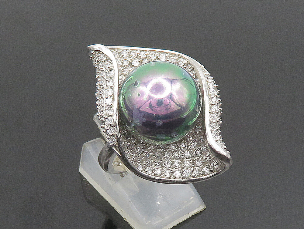 925 Sterling Silver Vintage Wrapped Pearl & Topaz Ring Sz 6 RG24497