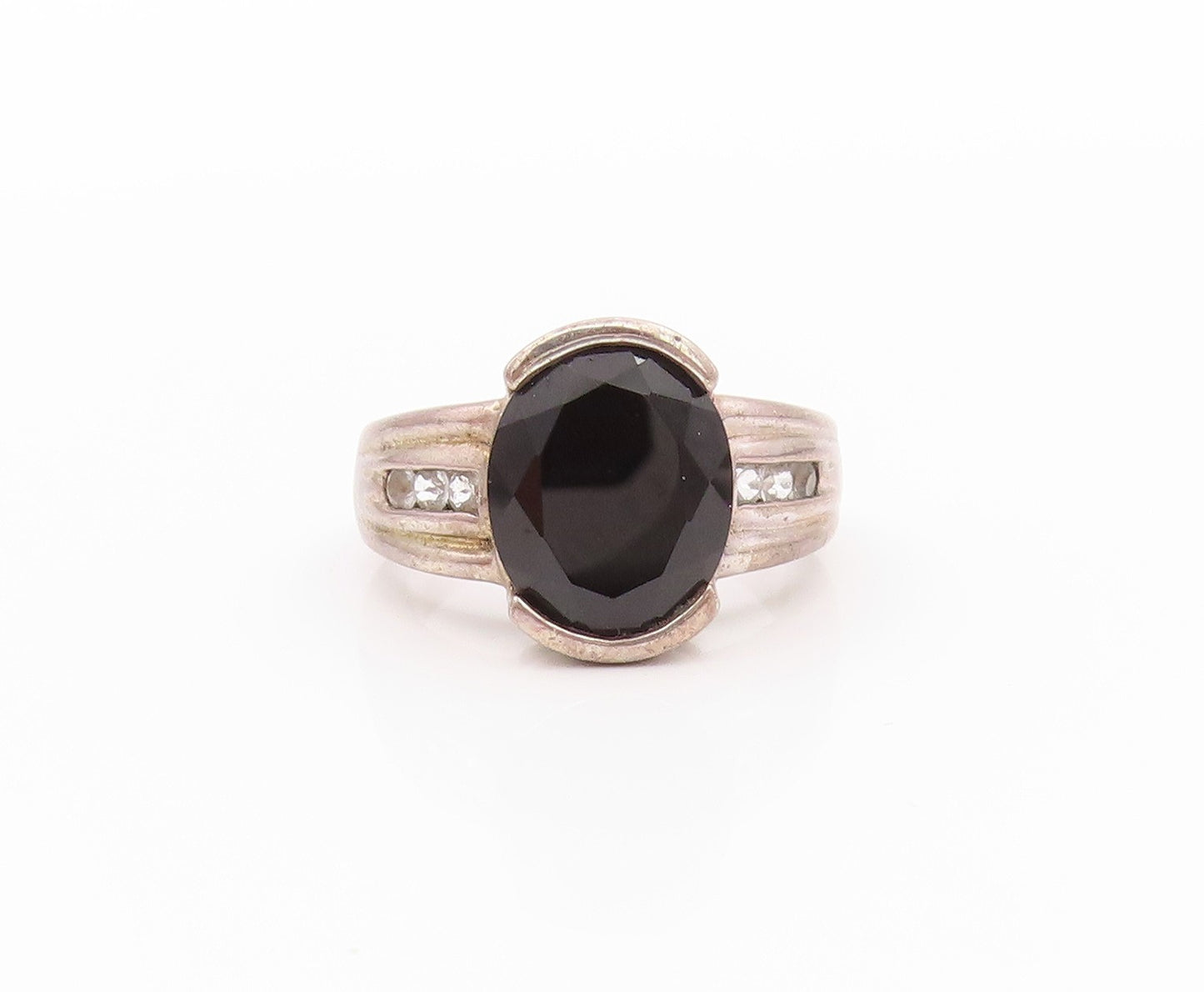 925 Sterling Silver Vintage Ring Minimalist Oval Onyx Round CZ  Sz 7  RG32332