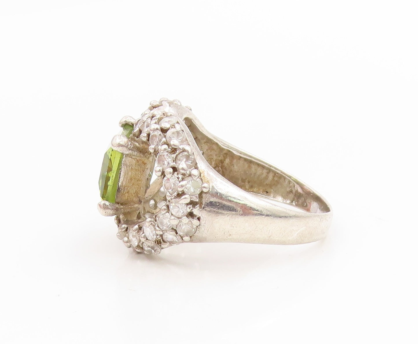 925 Sterling Silver Vintage Ring Peridot & CZ Open Love Heart  Sz 8.5  RG34434