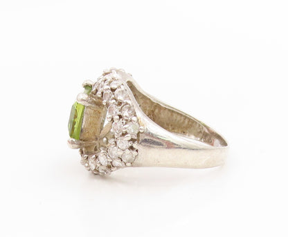 925 Sterling Silver Vintage Ring Peridot & CZ Open Love Heart  Sz 8.5  RG34434