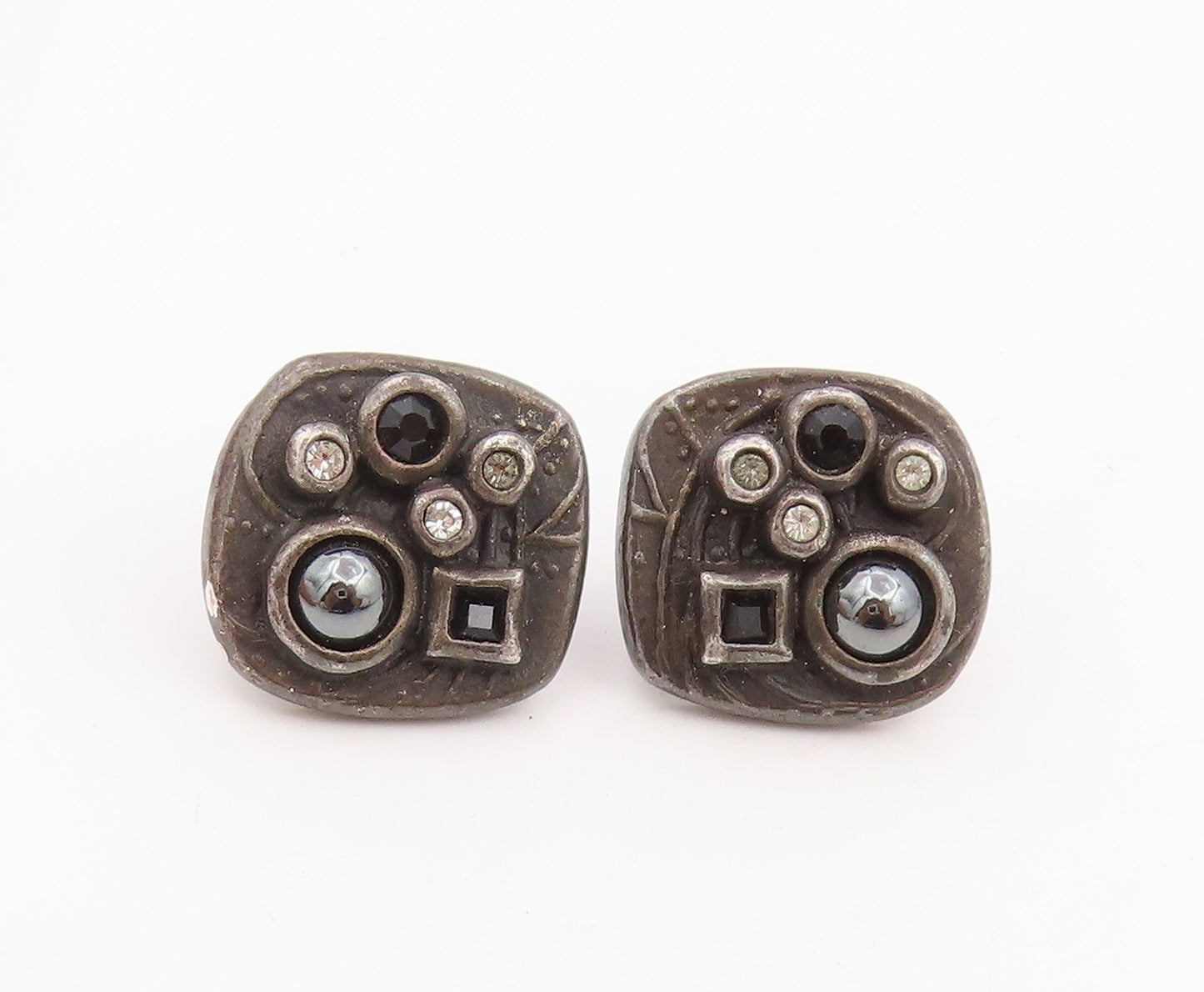 925 Sterling Silver Vintage Earrings Multi Gemstone Geometric Studs  EG14097