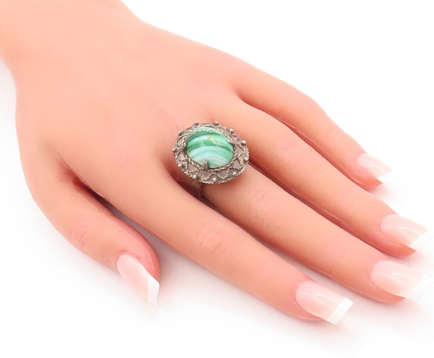 925 Sterling Silver Vintage Ring Wave Carved Oval Malachite  Sz 8.5  RG28828