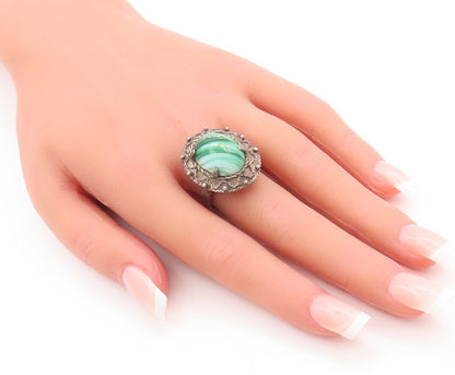 925 Sterling Silver Vintage Ring Wave Carved Oval Malachite  Sz 8.5  RG28828