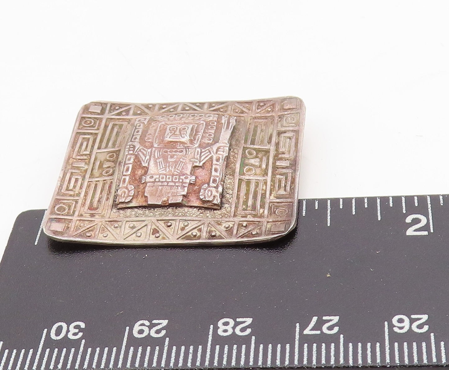 925 Sterling Silver Vintage Brooch Dark Tone Mayan Aztec Carved  BP11492