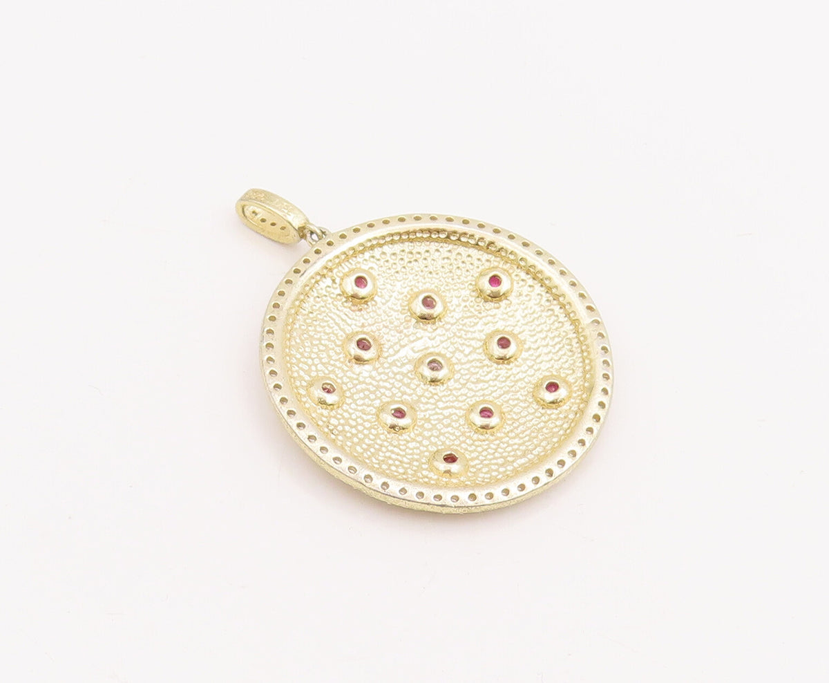 925 Sterling Silver Vintage Pendant Round Dented 2 Tone Gemstone Inlay PT22850