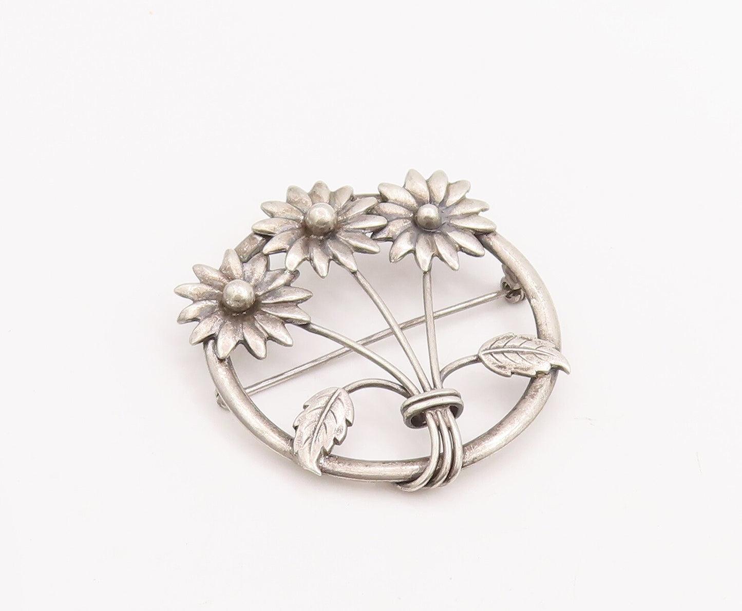 925 Sterling Silver Vintage Brooch Pin Round Framed Sunflowers  BP11121