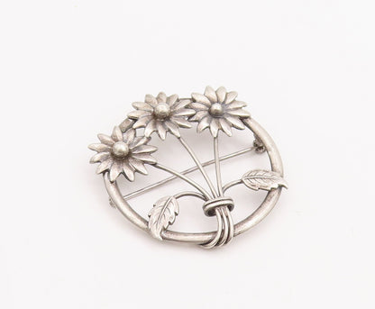 925 Sterling Silver Vintage Brooch Pin Round Framed Sunflowers  BP11121