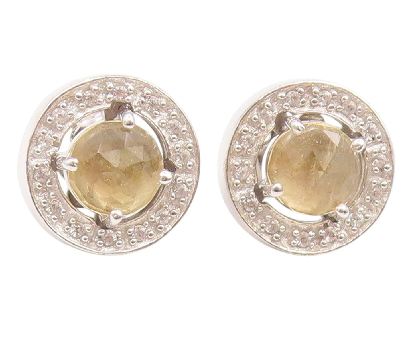 925 Sterling Silver Vintage Earrings Citrine & Halo Real Diamonds Stud  EG14149