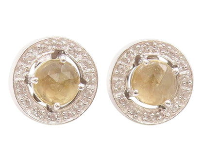 925 Sterling Silver Vintage Earrings Citrine & Halo Real Diamonds Stud  EG14149