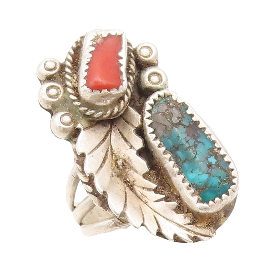 925 Sterling Silver Vintage Ring NAVAJO Turquoise Carnelian Floral Sz 10 RG31655