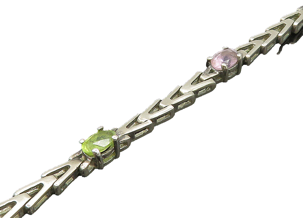 925 Silver  Vintage Peridot Garnet Amethyst & Topaz Chain Bracelet  BT8613
