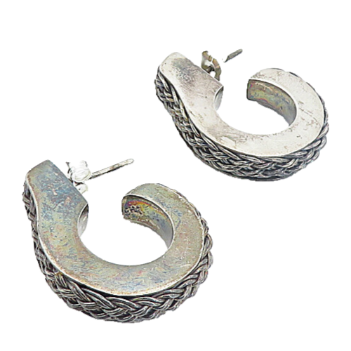 BALI 925 Silver  Vintage Dark Tone Basket Weave Braid JHoop Earrings  EG3107