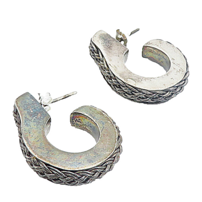 BALI 925 Silver  Vintage Dark Tone Basket Weave Braid JHoop Earrings  EG3107