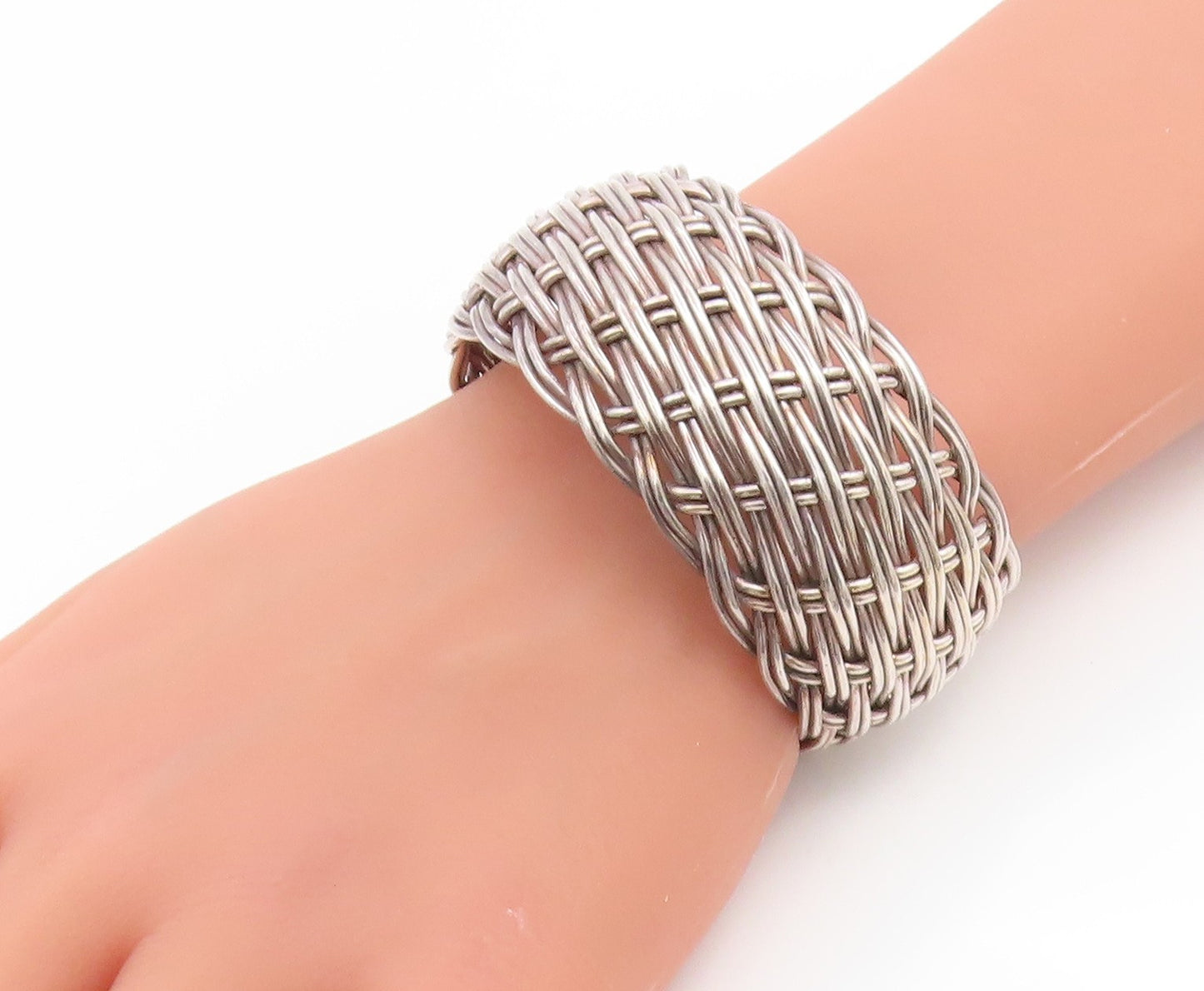 925 Sterling Silver Vintage Bracelet Modernist Basketweave Wide Cuff  BT11917
