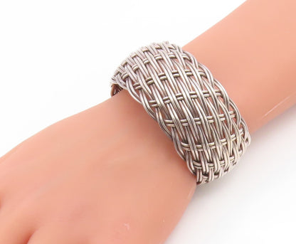 925 Sterling Silver Vintage Bracelet Modernist Basketweave Wide Cuff  BT11917