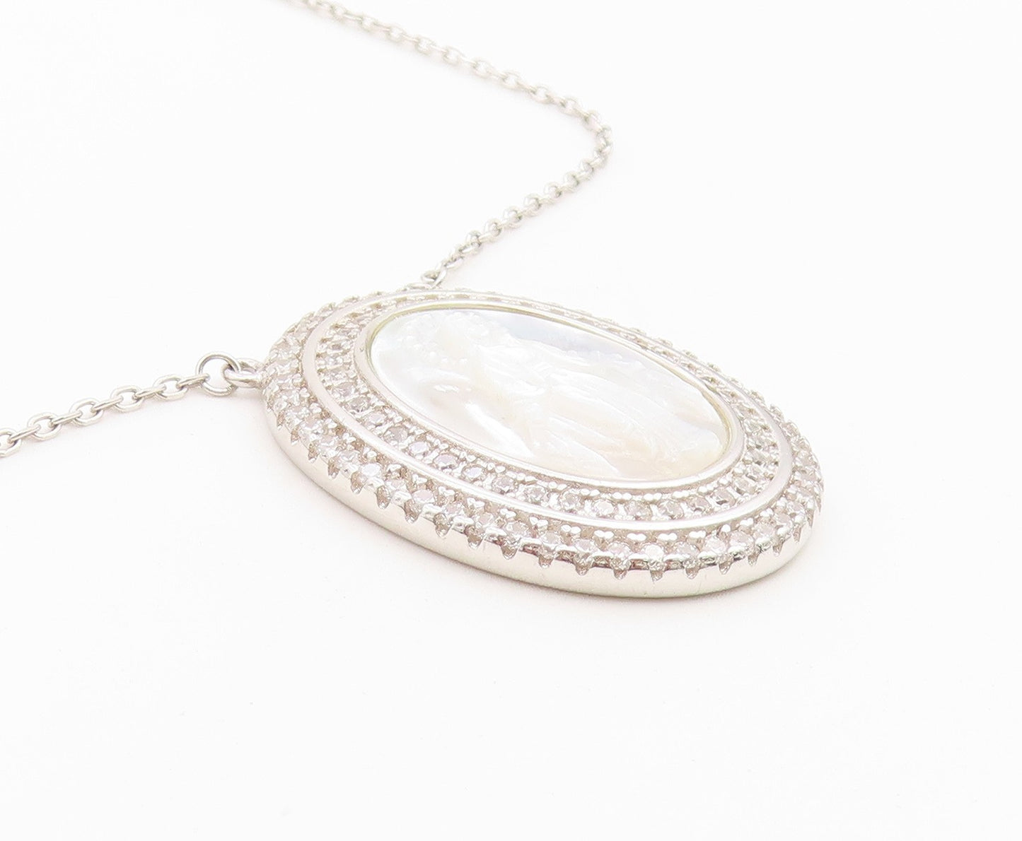 925 Sterling Silver Vintage Necklace Mother Of Pearl Halo CZ Virgin Mary  NE4902
