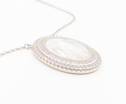 925 Sterling Silver Vintage Necklace Mother Of Pearl Halo CZ Virgin Mary  NE4902