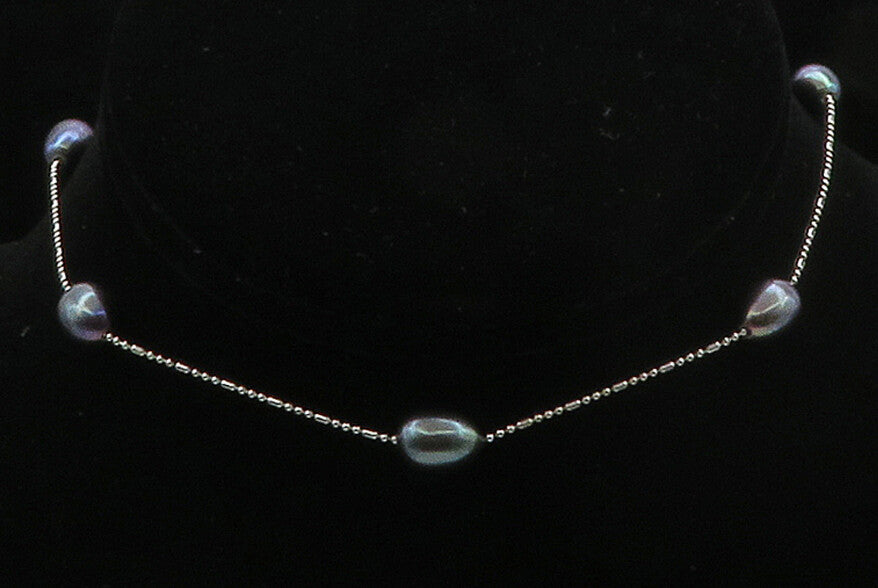925 Sterling Silver  Smooth Blue Pearls Shiny Thin Chain Necklace  NE2666
