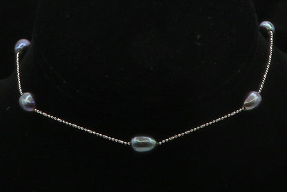 925 Sterling Silver  Smooth Blue Pearls Shiny Thin Chain Necklace  NE2666