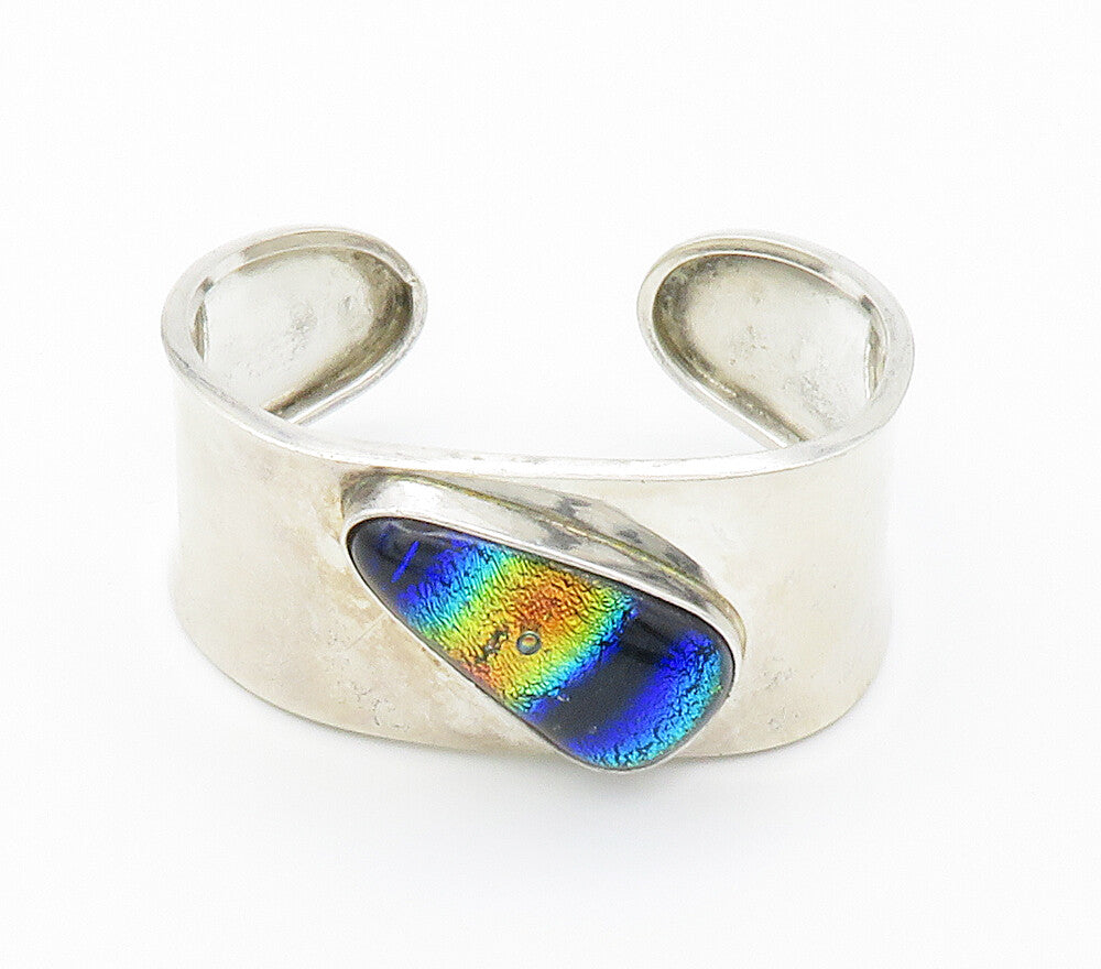 925 Sterling Silver  Vintage Dichroic Glass Shiny Smooth Cuff Bracelet  BT5937