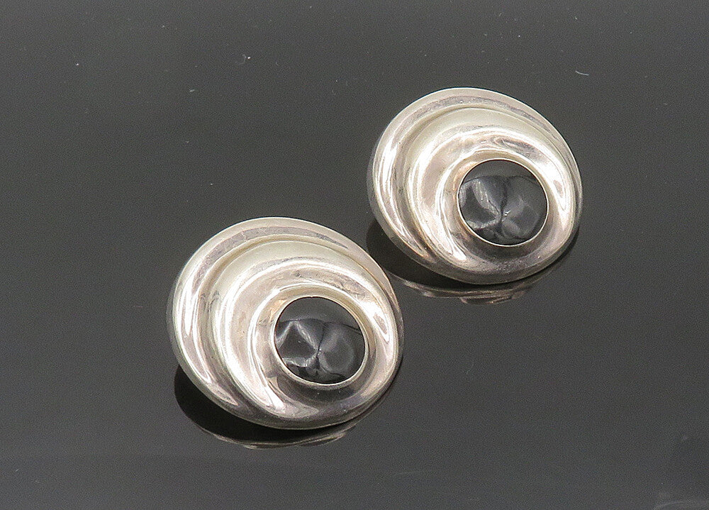 MEXICO 925 Silver  Vintage Black Onyx Shiny Non Pierce Earrings  EG10169