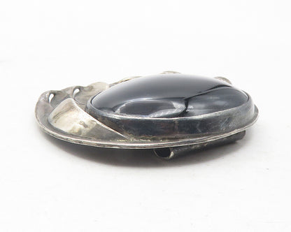 925 Sterling Silver  Vintage Cabochon Cut Black Onyx Dark Tone Pendant  PT9480